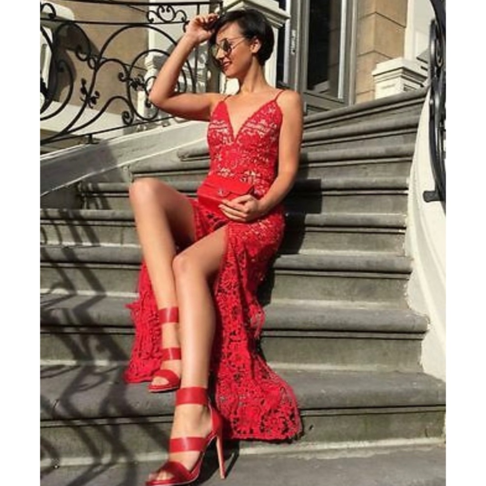 JARLO London Jayden red lace midi dress